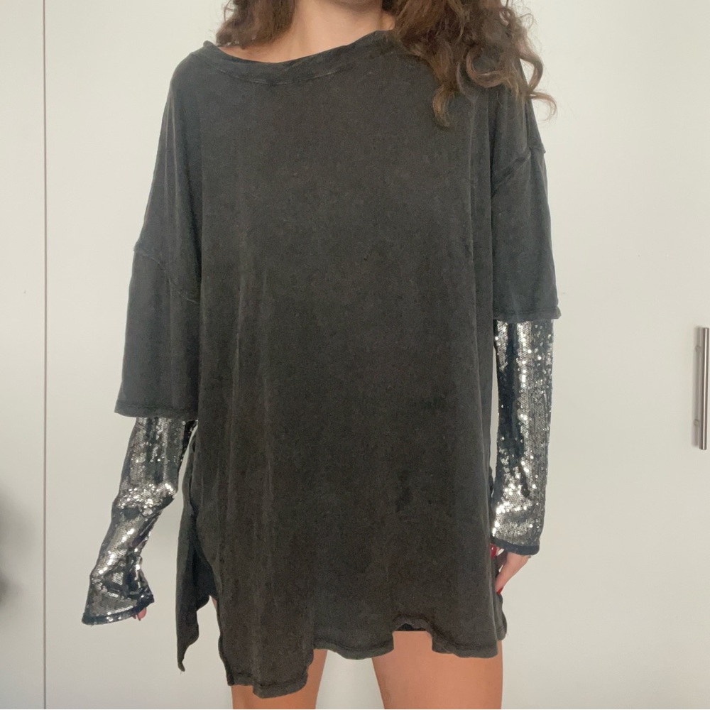 Free People Black Long Sleeve Tee with Sequin Sleeves